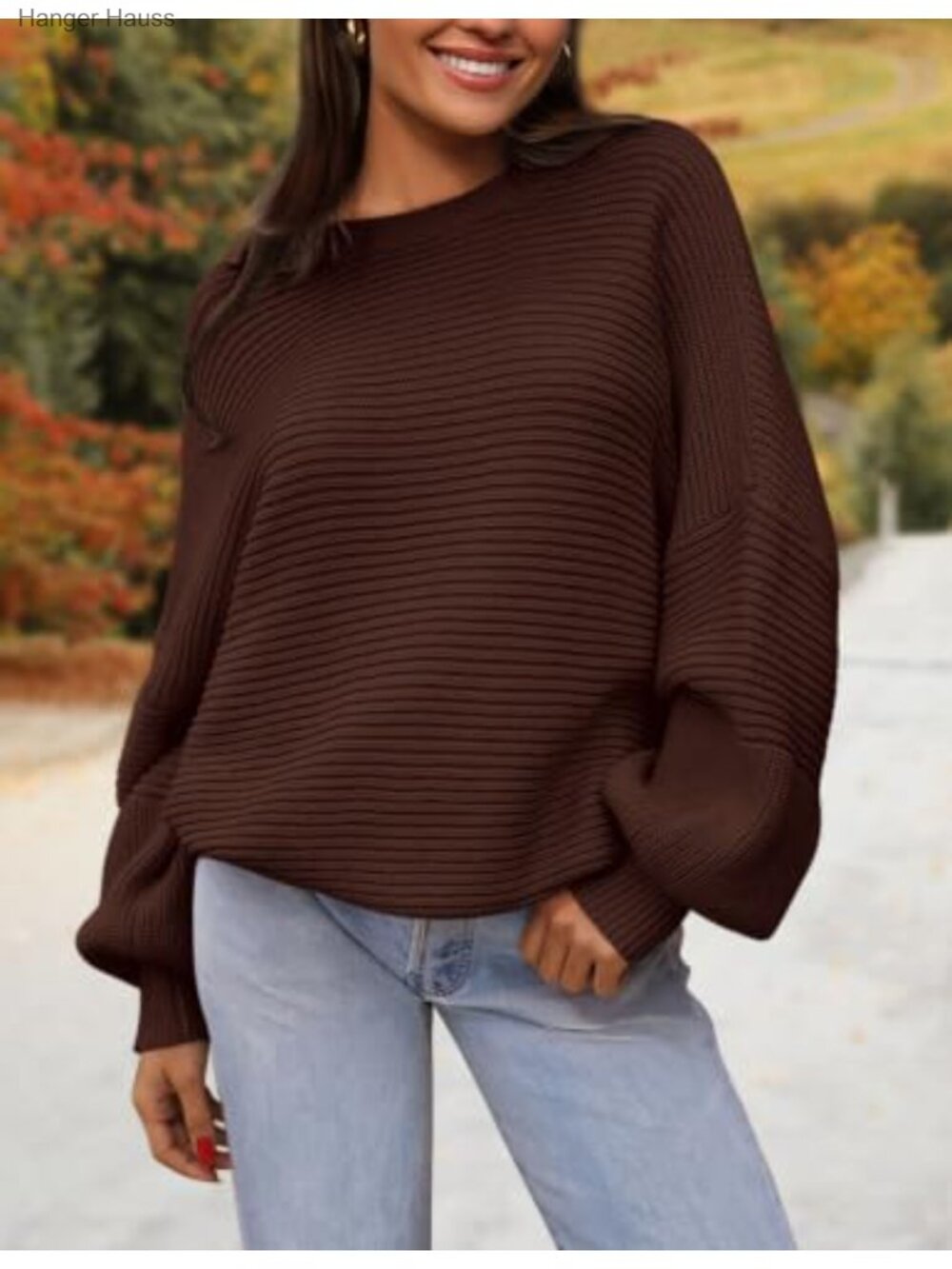 Oversized Chunky Knit Sweater Lantern Sleeve Pullover Crewneck - Picture 3 of 6